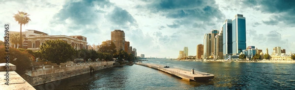 Obraz Egypt, Cairo - Panoramic View of Nile River and Modern Skyscrapers, Buildings near Zamalek and Downtown Cairo, Sunset View.
