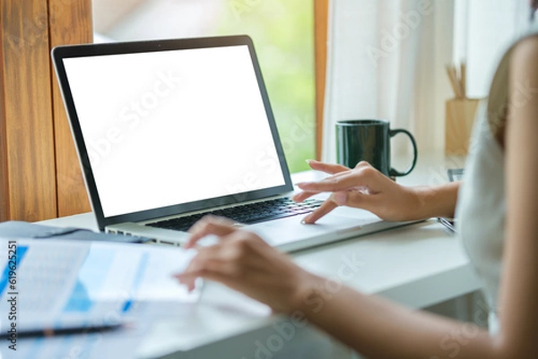 Fototapeta Close up view businesswoman hands typing on keyboard of laptop computer.