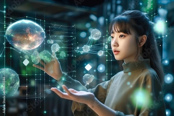 Fototapeta Young Asian woman wondering of new technology, curiosity, looking at holographic digital display, generative ai
