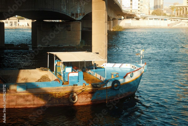Obraz Egypt, Cairo - Boat in the Nile River under Bridge, Downtown Cairo.