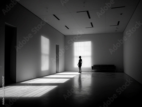 Fototapeta black and white picture of a silhouette in the empty room generative AI
