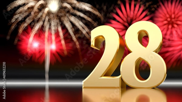Obraz The number "28" on one side of the screen, in gold, in the form of 3D, on a mirror-like table that reflects very out of focus and in the background out-of-focus fireworks in white and red colors