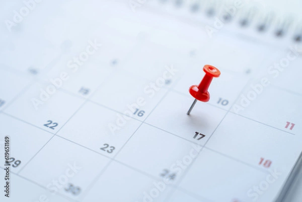 Fototapeta Planning for a business meeting, red pin on the 17th day on the calendar