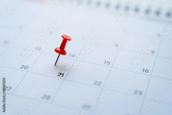 Fototapeta Close-up view of red pins with calendar for meeting reminders and appointments.