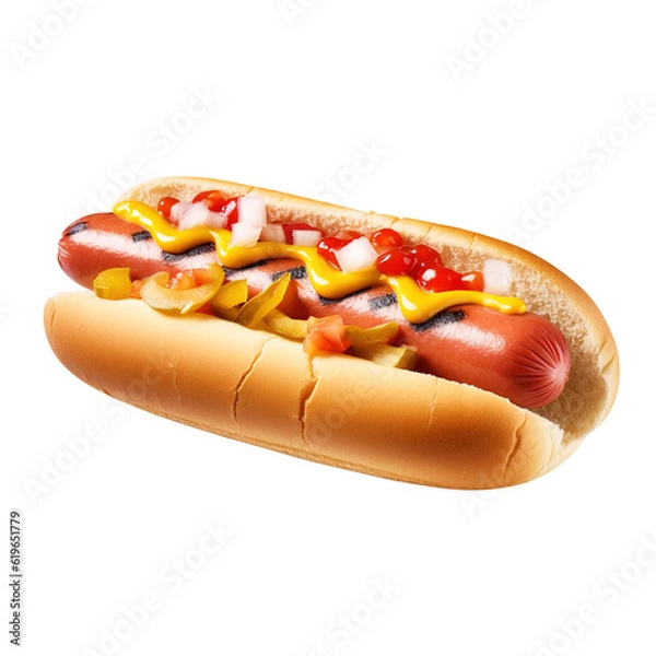 Fototapeta Hot dog with mustard and ketchup isolated PNG Transparent background created with Generative AI, Clipping Path