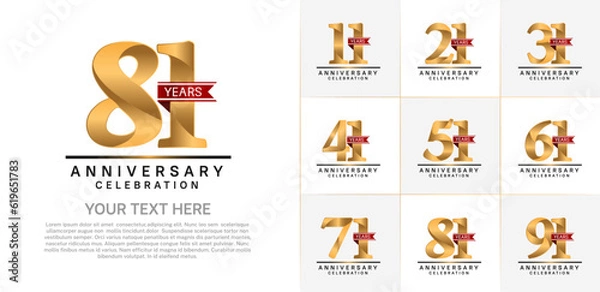 Obraz set of anniversary logo with golden number and red ribbon can be use for celebration
