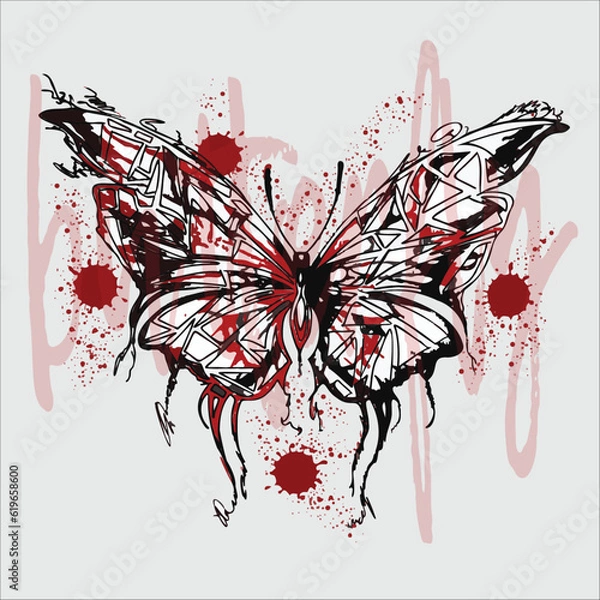 Obraz Black and white butterfly with red splash design and red accents. Graphic butterfly in red splash art elements and monochrome design.