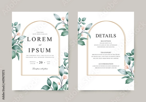 Obraz Elegant wedding invitation template with watercolor leaves