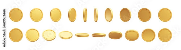 Fototapeta New blank brass or golden coins from different views 3D rendering set. Floating currency. Payment, investment, bank, finance, money symbols isolated on white background