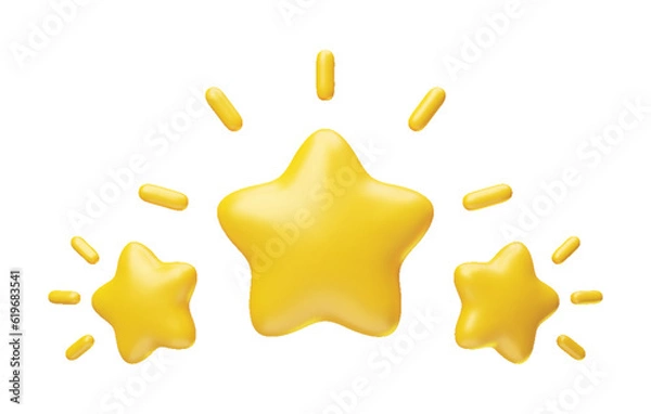 Fototapeta Three golden glossy stars with sparkles 3d realistic style rendering. Leadership, game award, customer feedback symbol vector illustration isolated on white background