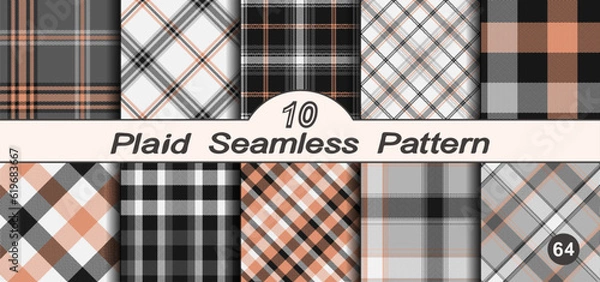 Fototapeta Black, white and orange set vector seamless check plaids pattern.
