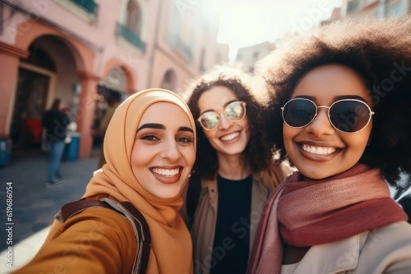 Fototapeta Selfie of smiling muslim womens, city background. for social media, influencer content creation or fashion blog. Young gen z people in Saudi Arabia for profile picture. Made with Generative AI