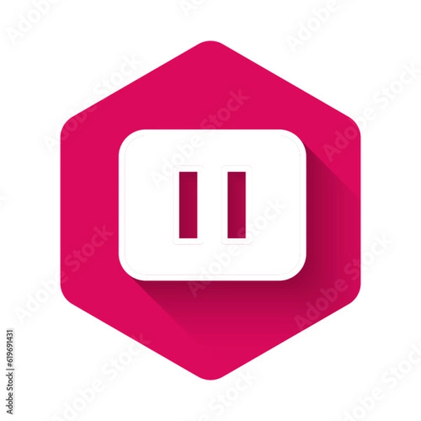 Fototapeta White Pause button icon isolated with long shadow background. Pink hexagon button. Vector
