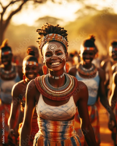 Fototapeta Botswana's people, vibrant in tribal costumes, with feathers and painted faces, joyously celebrate their rich folklore traditions. Generative AI