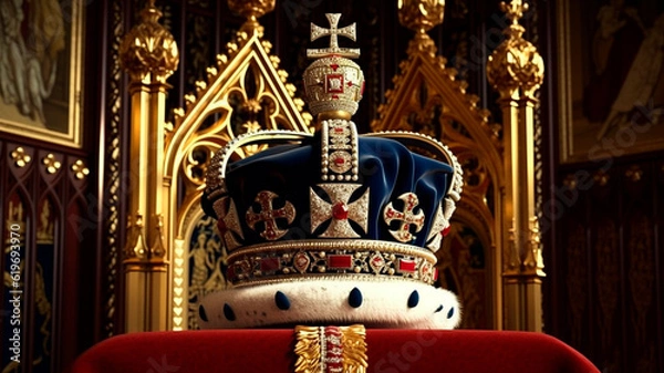 Fototapeta king charles, england king, British flag and crown, illustration of Crown Jewels of the United Kingdom. Ceremony of crowning the king Charles III. Generative AI