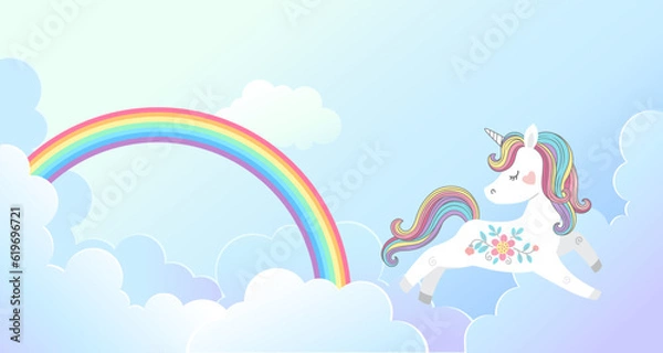 Fototapeta Vector background in for magic design. Cute unicorn jumps on fluffy cloud and bright rainbow in the blue sky