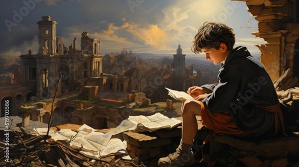 Fototapeta person in the park, boy with book with city in background, generative ai