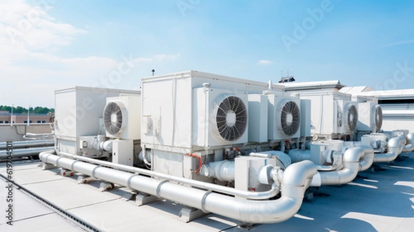 Fototapeta white large industrial air conditioning system on the roof. Generative AI
