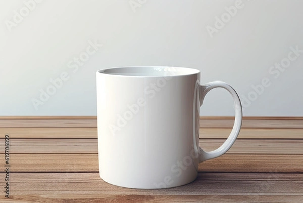 Fototapeta white cup on wooden table ,White Coffee Mug Mockup on Table , Minimalistic and Modern Design.