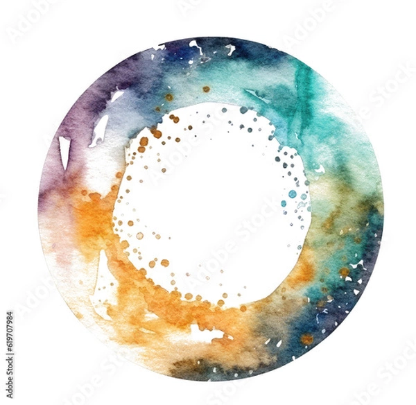 Fototapeta Round frame painted with watercolors with empty copy-space inside, isolated on transparent white background
