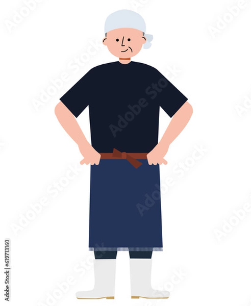 Obraz 前掛けをかけたタオルを頭に巻いたの中年男性のイラスト