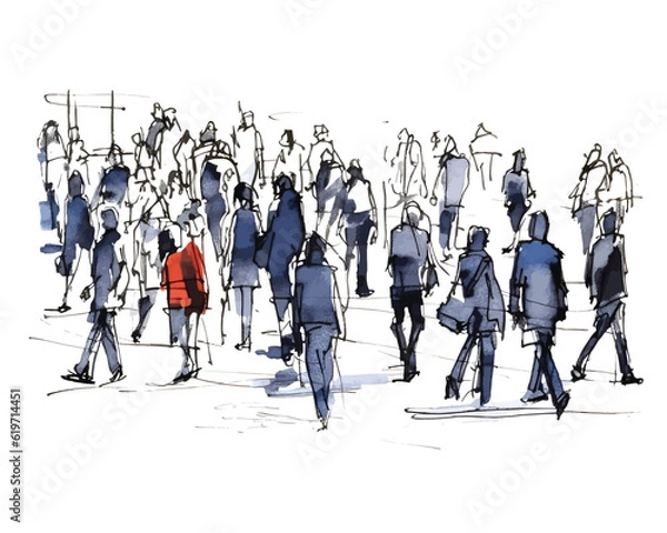 Fototapeta vector illustration: crowd of people walking along city street. Sketch made with marker and watercolor