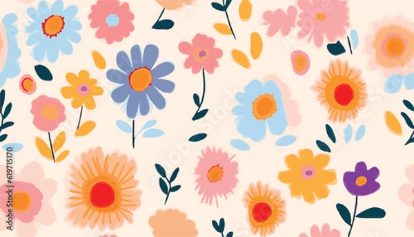 Fototapeta Cute hand drawn abstract flowers print. Modern cartoon style pattern. Fashionable template for design.