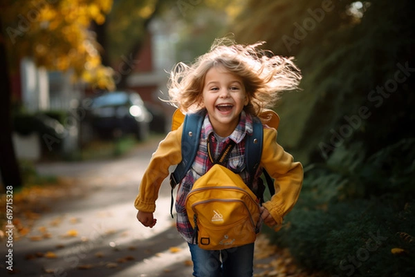 Obraz happy first grader girl running with knapsack on her first day at school. Education and start into a new future. Wallpaper and poster for news articles.
