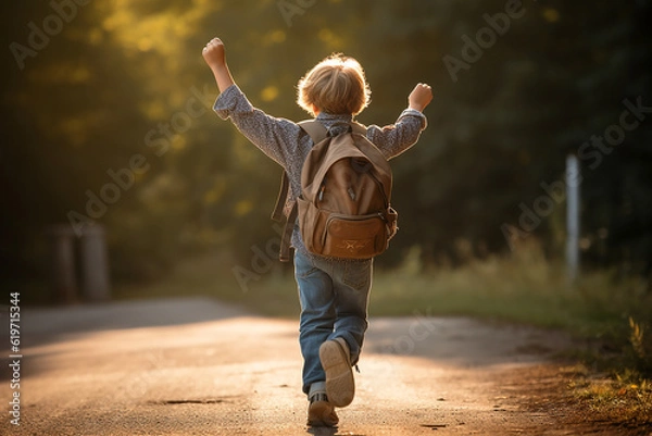 Obraz child jumping in the air after end of school. holiday season beginning with joy.