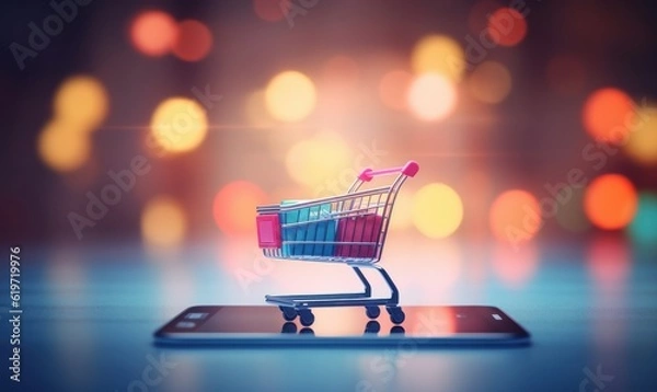 Fototapeta Online Shopping Concept with Shopping Cart Background. Generative Ai