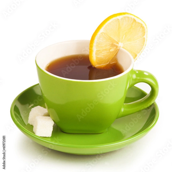 Fototapeta cup of tea with lemon and sugar cubes