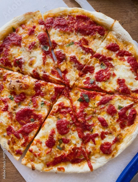 Fototapeta Homemade Pizza Margherita, Neapolitan pizza pie with tomato sauce, mozzarella cheese, fresh basil, salt extra-virgin olive oil and pepper flakes, fresh from oven cut in 6 slices