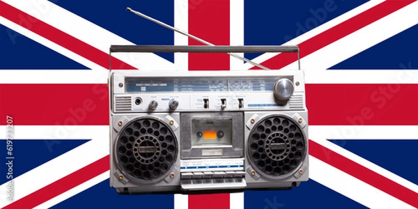Obraz Silver retro ghetto radio boom box cassette recorder from 80s. against the background of the British flag.