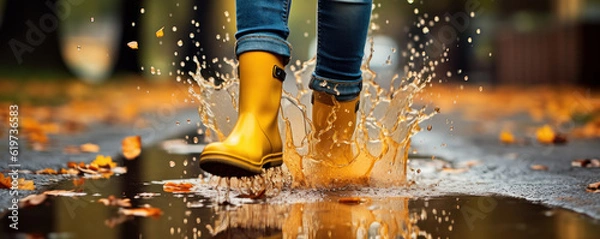 Fototapeta Splashing Adventure: Small Child in Rubber Boots Enjoying Summer and Fall Rain