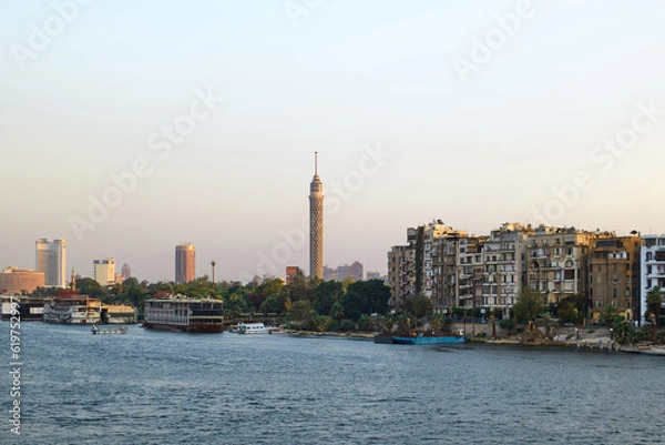 Obraz Egypt, Cairo - View of Nile River and Cairo Tower with Buildings, Zamalek, Sunset View.