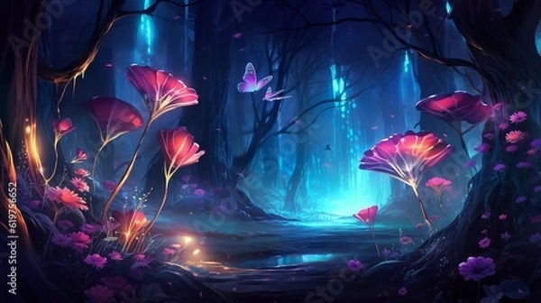 Fototapeta Kolorowe liście lasów fantasy w nocy, świecące kwiaty i piękne motyle jako magiczne wróżki, bioluminescencyjna fauna jak tapeta tła, generatywne AI