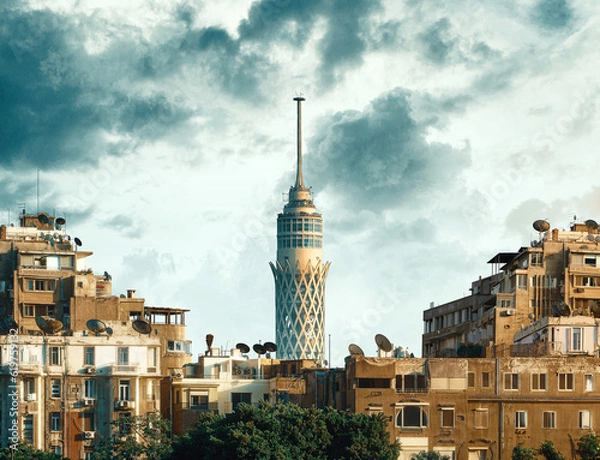 Obraz Egypt, Cairo - Cairo Tower with Old Vintage Buildings in Zamalek, Sunset View.