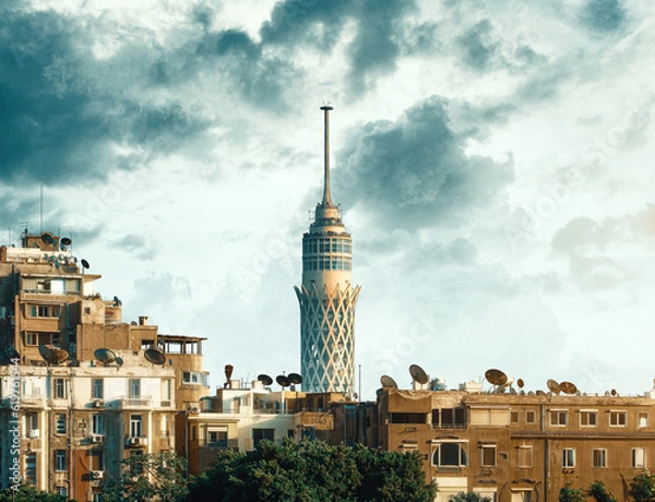 Obraz Egypt, Cairo - Cairo Tower with Old Vintage Buildings in Zamalek, Sunset View.