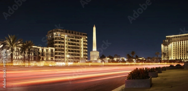 Obraz Egypt, Cairo - The Obelisk of Ramses II in Tahrir Square in Downtown Cairo. Long Exposure Effect, at Night.