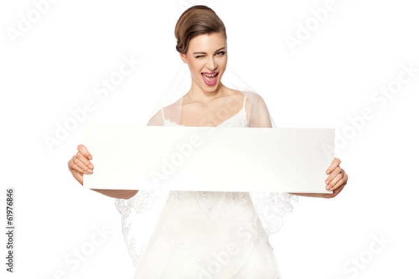 Obraz Smiling bride with advertising.