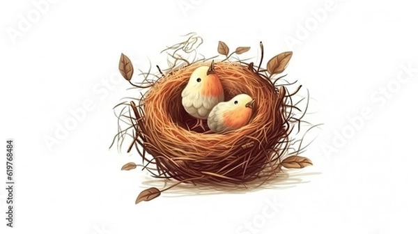 Fototapeta Cartoon bird's nest with birds on white background. Generative AI