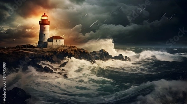 Fototapeta Spectacular lighthouse provide light during a large storm on the seashore.
