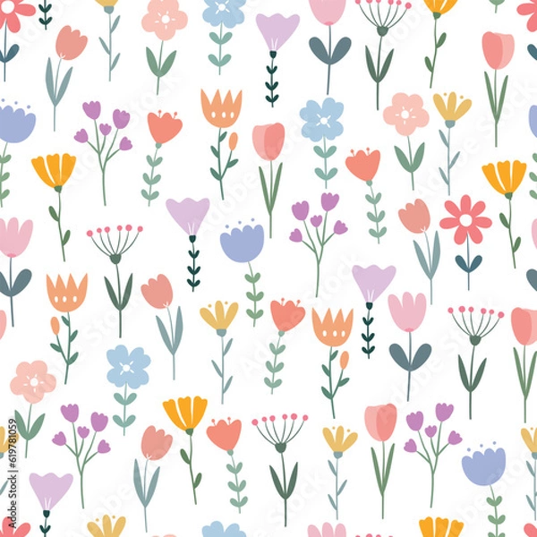 Obraz Floral Delight: Hand-Drawn Flower Seamless Pattern in Cute Cartoon Style, Perfect for Backgrounds and Decorative Designs