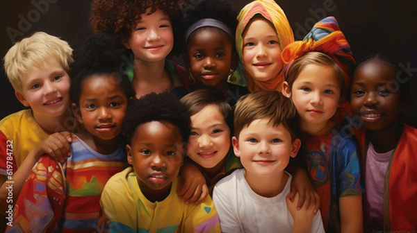 Fototapeta Group of diverse, multicultural children smiling and looking at the camera. Scene depicts diversity, multiculturalism, inclusion, race, culture, unity, global harmony and togetherness.