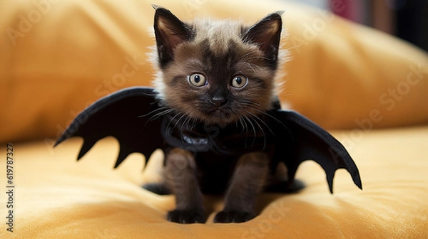 Fototapeta Śliczna kotka w kostiumie Halloween. Boo-Tiful Whiskers: ubrany w Halloween kotek. Generatywny AI