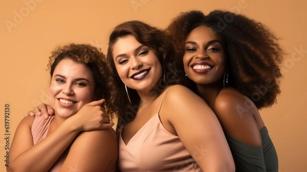 Fototapeta Portrait, beauty and plus size with black woman friends in studio on a beige background for body positivity. Makeup, diversity or wellness with a model female with generative ai