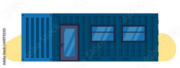 Fototapeta House made from large shipping cargo container. Residential building with door and windows. Modify freight metal box. Industrial architecture. Isolated modern cottage home. Vector concept