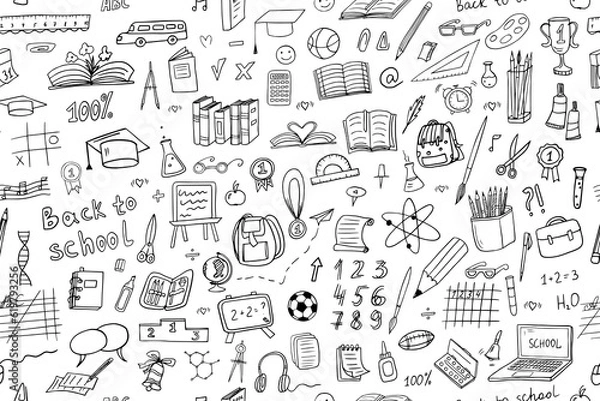Fototapeta Back to school seamless vector pattern. Great for textile fabric design, wrapping paper, banner, posters, cards, stickers, professional design and website wallpapers. Doodle style