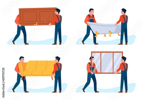Obraz Movers carry different loads. Man in overalls moving doors and windows. Bathtub and couch. House repair. Bath and sofa renovation. Furniture transportation vector set Goods shipping.