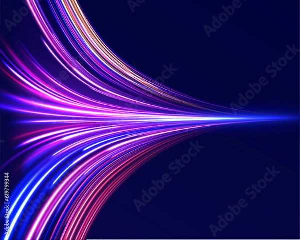 Obraz Panoramic high speed technology concept, light abstract background.  Curved light trail stretched upward. Fast speed car.